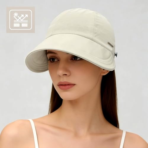 huablo]UPF 50+Womens Sun Hat UV Protection Hiking Fishing Hats Wide Brim Hat Adjustable Ponytail Packable Sun Cap - color: Beige