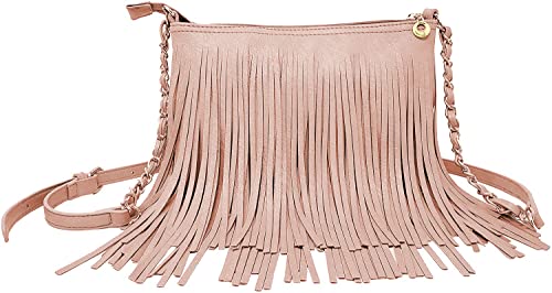 Solene Fringe Crossbody Shoulder Bag with Strap, Tassel Messenger bag, Country Style Western Fringe Purse for Women - color: Rose Pink