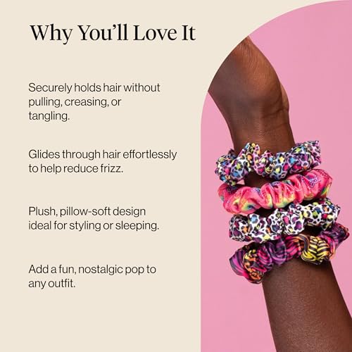Lisa Frank x Kitsch Ruched Satin Scrunchies for Women - Softer Than Silk Scrunchies | Hair Ties No Damage for Frizz-Free Sleep | Ideal Gifts for Women - Rainbow Leopard 4 pcs - color: Rainbow Leopard
