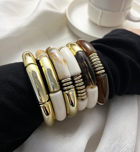 iF YOU 6pcs Chunky Acrylic Bangle Bracelets for Women, Resin Bamboo Brown Stretchy Bracelet Stack, Fashion Jewelry for Women - color: 6 Clear white brown bracelets