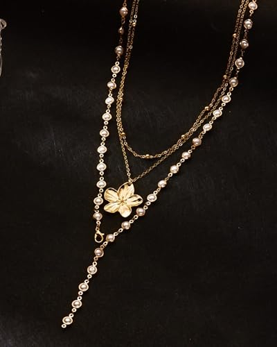 Layered Gold Flower Shell Pearl Necklaces for Women Long Pearl Y-Shaped Necklace Trendy Gold Flower Shell Pendant Necklace Dainty Pearls Choker Summer Jewelry Accessories Gift - color: A2:gold layered necklaces