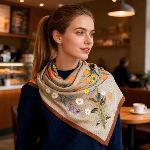 Premium Floral Scarf for Women 35x35 Square Silk Feel-Lightweight Scarves Headscarf Bandanas Wrapping Handbag - color: Light Brown