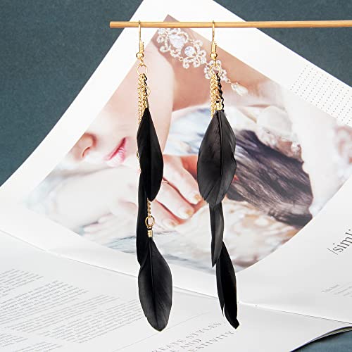 coadipress Boho Piercing Tassel Feather Long Chain Earrings Retro Lightweight Native Feather Dangle Drop Earrings for Women Bohemian Handmade Natural Feathers Earring Jewelry - color: Black
