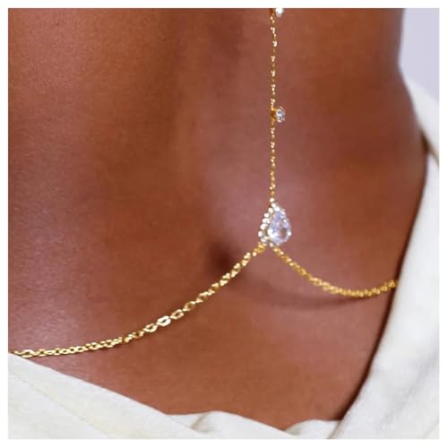 Sexy Rhinestone Back Chain Necklace for Backless Dress Bridal Wedding Rhinestone Backdrop Chain Jewelry Crystal Simple Waist Chain Jewelry for Women - style: Gold