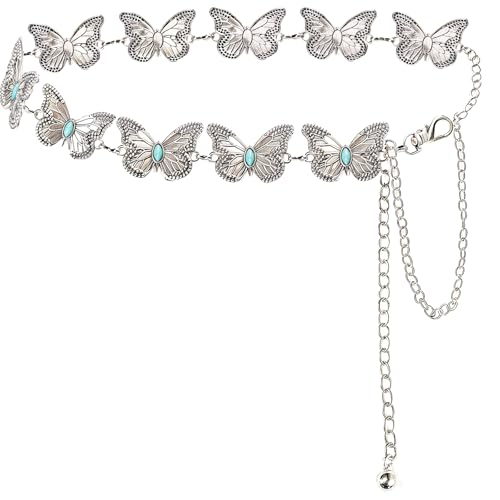 Dubulle Womens Belt Chain Leather Belts Vintage Western Adjustable Elastic Double Buckle for Cowboy Pant Dress - color: W Bright Silver