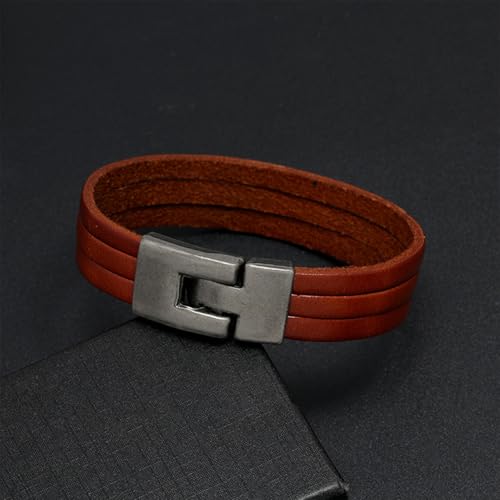 Long tiantian Leather Wrap Bracelet for Men Vintage Brown Leather Cuff Bracelet Adjustable Minimalist Western Style Wristband Casual Fashion Jewelry Gift for Him - color: red