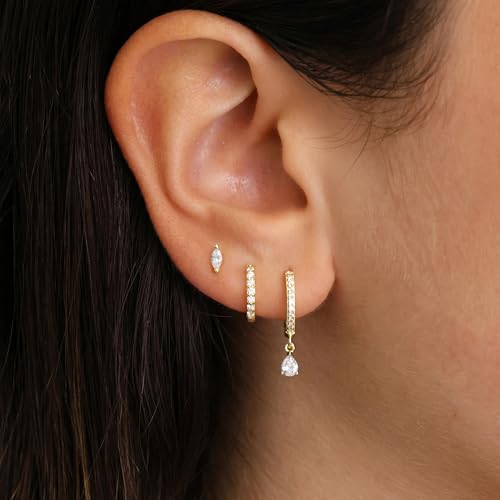 14K Gold Plated Small Huggie Hoop Earrings Set for Women, Hypoallergenic Dainty Sterling Silver Dangle Studs for Cartilage Helix, Lightweight Trendy Cute Stack Birthstone Jewelry Gift - color: 04_Diamond_Apr_Gold