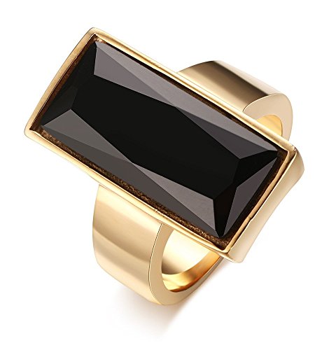 VNOX Vintage Fashion Stainless Steel Gold Plated Rectangular Black Glass Crystal Cocktail Statement Onyx Ring for Women - color: Black