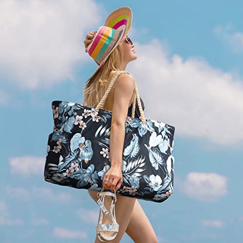 Becokan Beach Bag Large Beach Tote Bag for Women Waterproof Sandproof Swim Pool Bag With Zipper - color: Black Flower