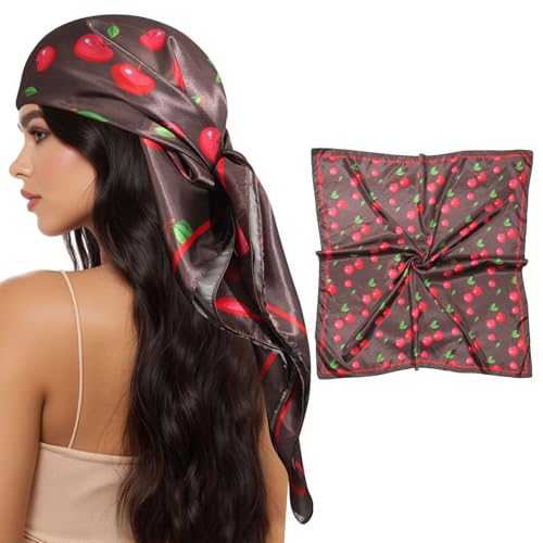 AWAYTR 35” Square Satin Head Scarf Hair Scarf for Women's Hair Silk Bandana for Women Silk Head Wrap for Sleeping - color: Cherry Brown