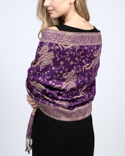 Achillea Reversible Paisley Pashmina Rave Scarf – Exotic Indian Shawls and Wraps for Evening Dresses, Festivals, All Seasons - color: Purple