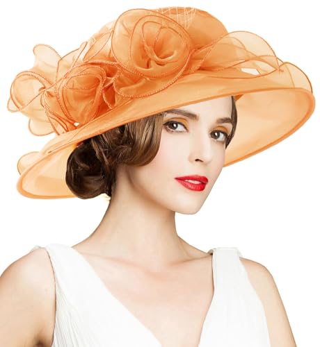 Women's Kentucky Derby Church Dress Hat Wide Brim Leaf Flower Bridal Shower Hat - color: A12-golden Orange