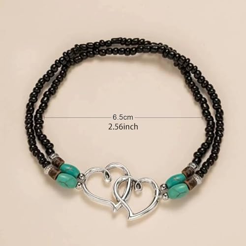 Ankle Bracelets for Women Waterproof Elastic Heart Anklet Stretchy Ankle Bracelets Colorful Beaded Anklets Boho Ankle Bracelets Silver Beach Anklet Jewelry Accessories for Summer - color: Silver Black Anklets