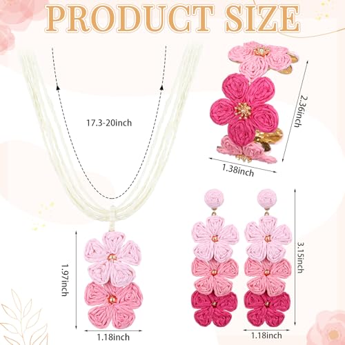 Tondiamo 3 Pcs Raffia Jewelry Set for Women Boho Daisy Flower Necklace, Open Cuff Bracelet, Earrings, Gift for Mom - color: Pink