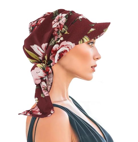 XYIYI Chemo Headwear for Womens Cancer Patients, Head Scarf Chemotherapy Headwraps Hat - color: Wine Red Flowers