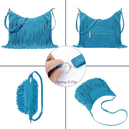 Sunwel Fashion Women Fringe Hobo Bag Western Purse Shoulder Bag Vegan Suede Tassel Hippie Crossbody Bag - color: Turquoise Blue