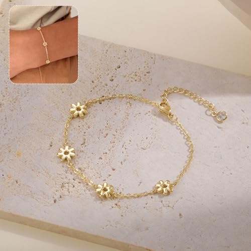Dainty Silver Gold Bracelets for Women Trendy Non Tarnish 14K Gold Plated Cute Clover Bracelet Stackable Daisy Cubic Zirconia Diamond Charm Bracelet Stack Waterproof Jewelry Gifts - color: H- Sunflower Bracelet- Gold