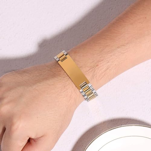 Custom Mens Bracelet Personalized Watch Band Engraved Name Bracelets for Men Customized ID Cuff Wristband Gift for Dad Husband - style: Gold&Silver-1.5cm