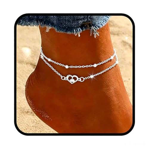 Yalice 925 Silver Ankle Bracelets Chain for Women Dainty 14K Gold Plated Waterproof Beads Anklets Layered Beach Foot Jewelry Gift - color: Silver-HeartA