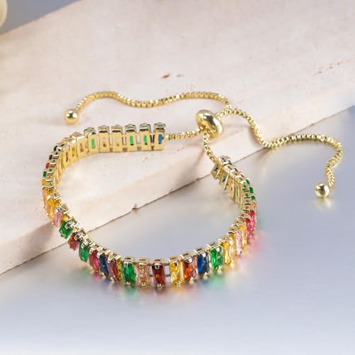 CiNily Adjustable Tennis Bracelets for Women Teen Girls Rainbow Cubic Zirconia Bracelet 14K White Gold Plated Hypoallergenic Slider Bracelet Jewelry Gift - color: Adjustable-Square Yellow Gold