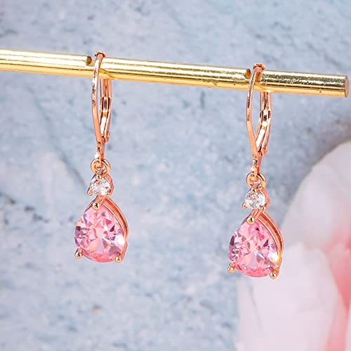 CiNily Teardrop Leverback Dangle Earrings for Women Hypoallergenic 14K Gold Plated Cubic Zircon Drop Earrings Fashion Crystal Earrings for Girls Jewelry Christmas Gifts - color: Pink CZ-Rose Gold Plated