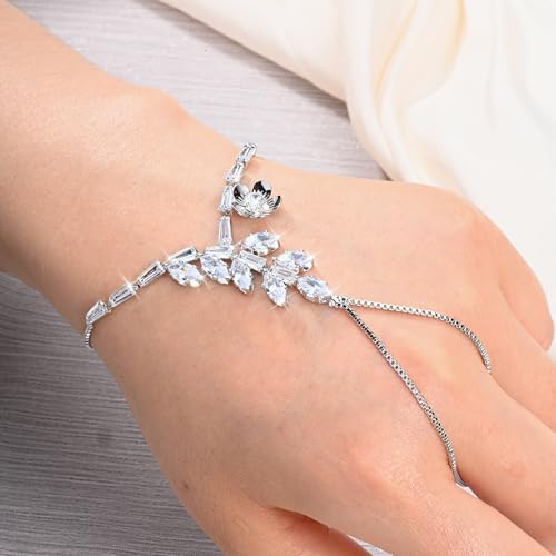 Adjustable Hand Chain Bracelet Women, 16K Gold Plated Finger Bracelet, Secure Ball Clasp Elegant Slave Hand Jewelry, Y2K Aesthetic Accessories for Summer Festival Prom Beach Vacation Daily Wear - color: style5-16K silver-plated