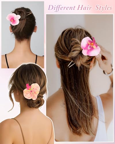 WELROG 3 Pack Hawaiian Orchid Flower Hair Pins,Metal Hair Sticks for Beach Vacation,Non-Slip Fork for Thick Hair Updo - color: Pink1+Pink2+Orange