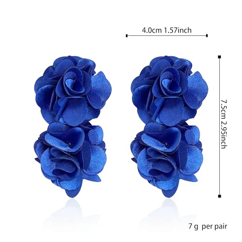 Oversized Fabric Flower Earrings for Women Statement Boho Chic Dangle Drop Earrings for Parties Weddings or Everyday Wear - color: Royal Blue
