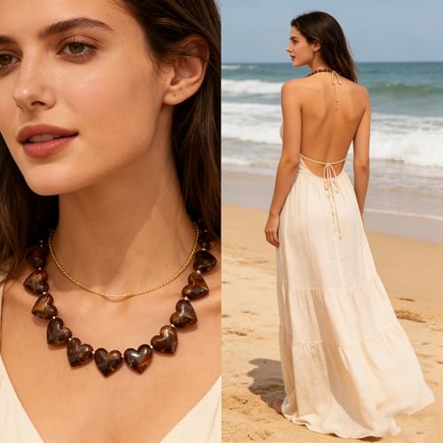 YUJIE Amber Acrylic Heart Choker Necklace for Women Vintage Punk Chunky Necklace Trendy Fashion Accessory - color: tiger eye