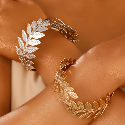 Arm Cuff Layered Bracelet Adjustable Leaf Flower Starfish Upper Arm Cuff Bangle Jewelry Gold Plated Bracelet Ring Set for Women Boho Summer Beach Essentials - color: Silver-Leaf