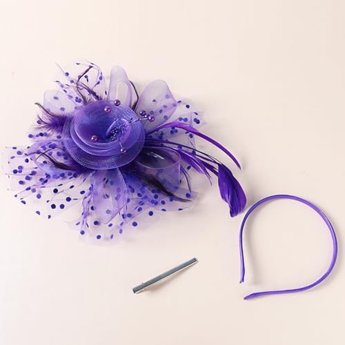 Fascinators Hat Pearl Earrings Necklace Bracelets Gloves 1920s Headband Hair Clips Women Flower Mesh Feather Headpiece Headwear Halloween Carnival Cocktail Wedding Tea Party Accessories Purple - color: Purple