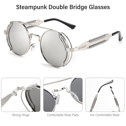 FEISEDY Aviator Sunglasses for Men Women, Retro Steampunk Gothic Round Metal Frame Hippie Glasses B2351 - color: Silver Frame With White and Silver Lenses