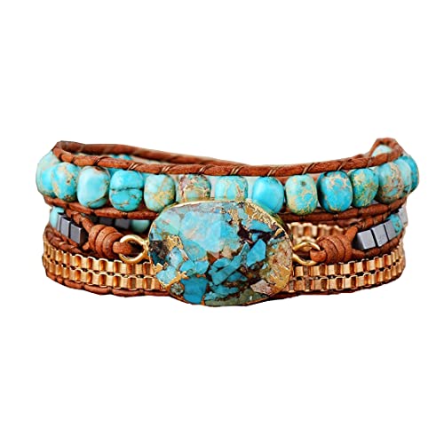 YGLINE Boho Handmade Wrap Leather Tube Crystal Stone Bracelet for Women - color: Turquoise