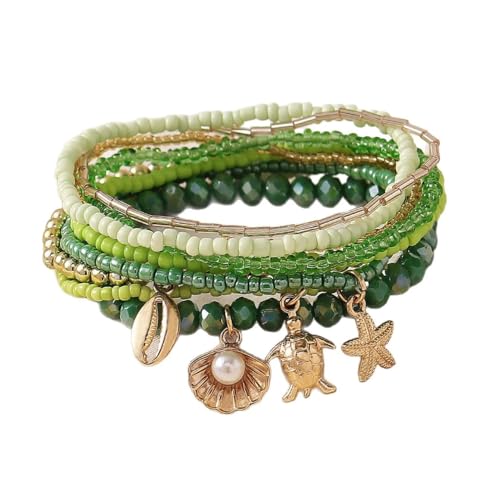 Caiyao Bohemian Multilayer Stackable Seed Beaded Bracelets Colorful Crystal Glass Beads Strand Bangle Bracelet BFF Wristbands Bracelet for Women Summer Beach Hawaii Jewelry Birthday Gifts - color: Green-starfish