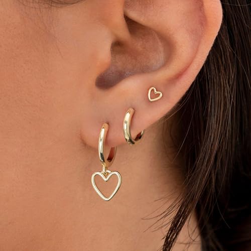 3 Pairs Small Earring Stacks, 14K Gold/Silver/Black/Rose Gold Plated Pearl Heart Butterfly Star Diamond Charm Drop Huggie Earrings Trendy Jewelry Gift for Women - color: Gold-Open Heart