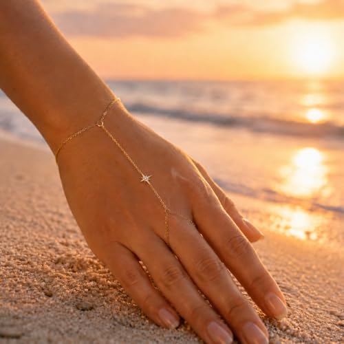 925 Sterling Silver Hand Chain Bracelet for Women,Non Tarnish 14k Gold Plated CZ Crystal Heart Starburst Ring Bracelets Hand Chain Dainty Diamond Layered Stackable Link Chain Beach Waterproof Graduation Wedding Gifts - color: GoldA