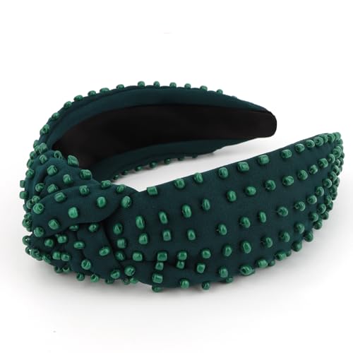 YISSION Emerald Dark Green Dense Beaded Knotted Headband for Women, Wide Padded Top Knot Headband, Non Slip Comfortable Fashion Hairband for Daily Wear, Party, Wedding - color: Dark Green