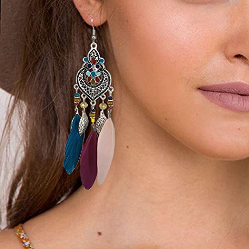 Bohemian Earrings Feather Tassel Silver Ethnic Retro Boho Dangle Earring Bead Women Jewelry for Birthday Party Gifts (Multicolor) - color: Multicolor