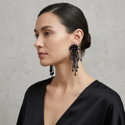 Native Beaded Tassel Earrings Boho,Fringe Drop Statement Seed Bead Tribal Dangle Earrings for Women - color: black
