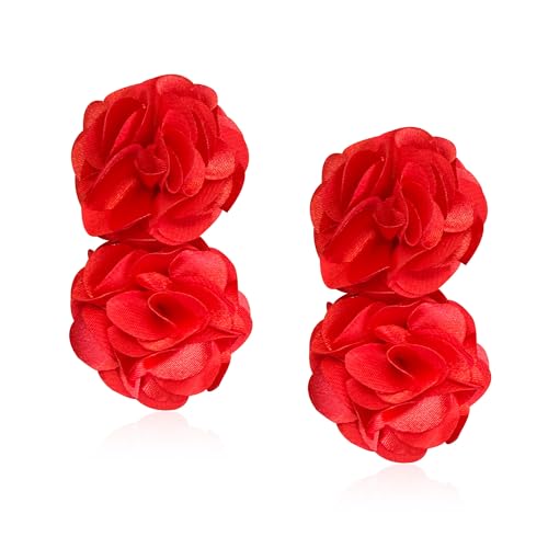 Oversized Fabric Flower Earrings for Women Statement Boho Chic Dangle Drop Earrings for Parties Weddings or Everyday Wear - color: Red