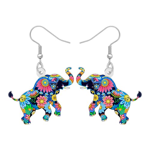 BONSNY Colorful Acrylic Elephant Dangle Earrings Bohemian Tribal Floral Design Boho Jewelry Gifts for Women Funny Novelty Hypoallergenic Spring Summer Gifts Accessories - color: Navy