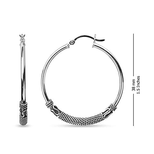 LeCalla 925 Sterling Silver Large Hoop Earrings | Lightweight Antique Bali Hoops | Two-Tone Bohemian Oxidized Balinese Earrings for Women - color: Beaded Balinese-35mm