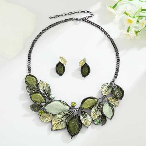 Vintage Chunky Statement Jewelry Set Retro Leaf Floral Geometric Bohemian Boho Bib Necklace Earring Set Fashion Costume Jewelry for Women Girls Wedding Party Prom Unique Gift - style: multi leaves JS black green