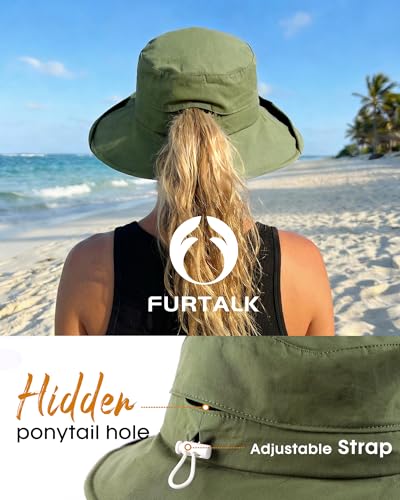FURTALK Sun Hats for Women Wide Brim Ponytail Beach Sun Protection Hat with Fold-Up Brim Bucket Hat - color: Green