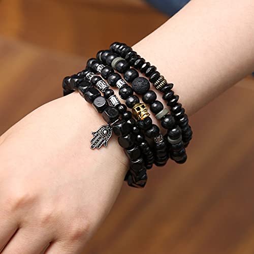 HZMAN Wrap Bracelets Men Women, Hemp Cords Wood Beads Ethnic Tribal Bracelets, Leather Wristbands - style: Hand of Fatima