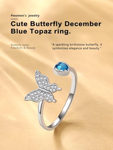 Bestyle 925 Sterling Silver Butterfly Ring Hypoallergnic Adjustable Birthstone Rings for Women Butterfly Jewelry Gifts for Anniversary Mothers' Day Birthday - color: 12.December (Blue Topaz)
