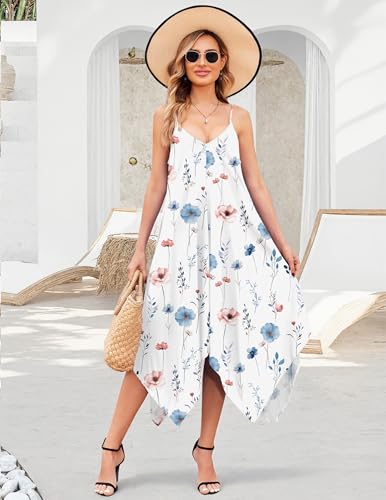 Chigant Women's 2026 Summer Dress Casual Boho Sundress Spaghetti Strap Swimwear Cover Up Beach Flowy Midi Vacation Dresses - color: Blue Khaki Floral, size: Medium