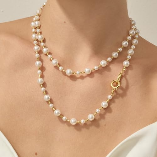 ARSIS 18K Gold Plated Shell Pearl Necklace for Women, 35"/45" Long Dainty Pearl Layering Necklace Beaded Choker, Vintage Boho Strand Necklace Vacation Jewelry Gift for Birthday Anniversary Party - color: 91cm Gold Pearl