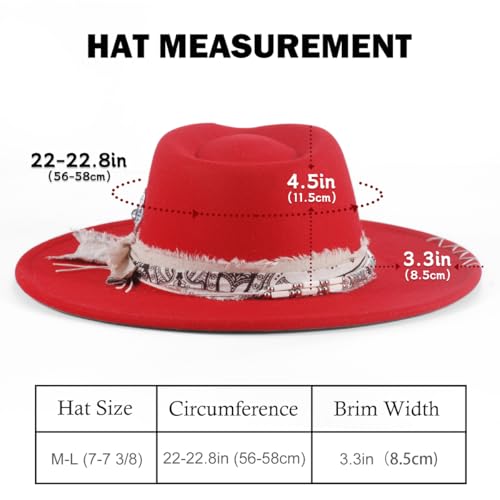 Womens Boho Fedora Hat Wide Brim Fedora Mens Handmade Flat Brim Hats - color: Red
