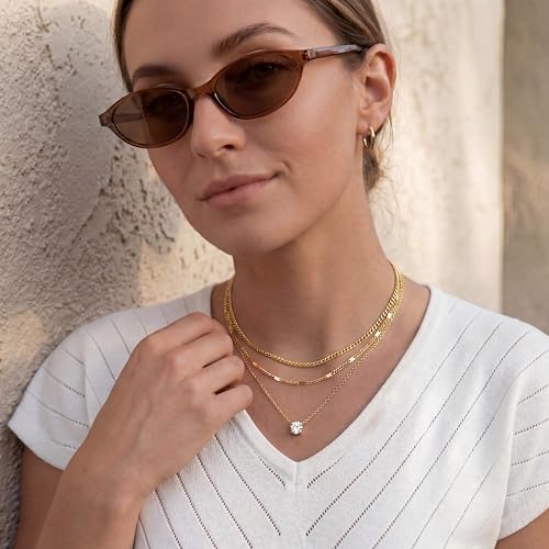 WomenGifts Layered Gold Necklaces for Women, 14K Gold Sterling Silver Plated Dainty Pendant Necklace Set Non Tarnish, Chunky Stackable Cuban Chain Choker, Trendy Birthstone Vacation Jewelry Gift - color: Gold, style: Cubic Zirconia